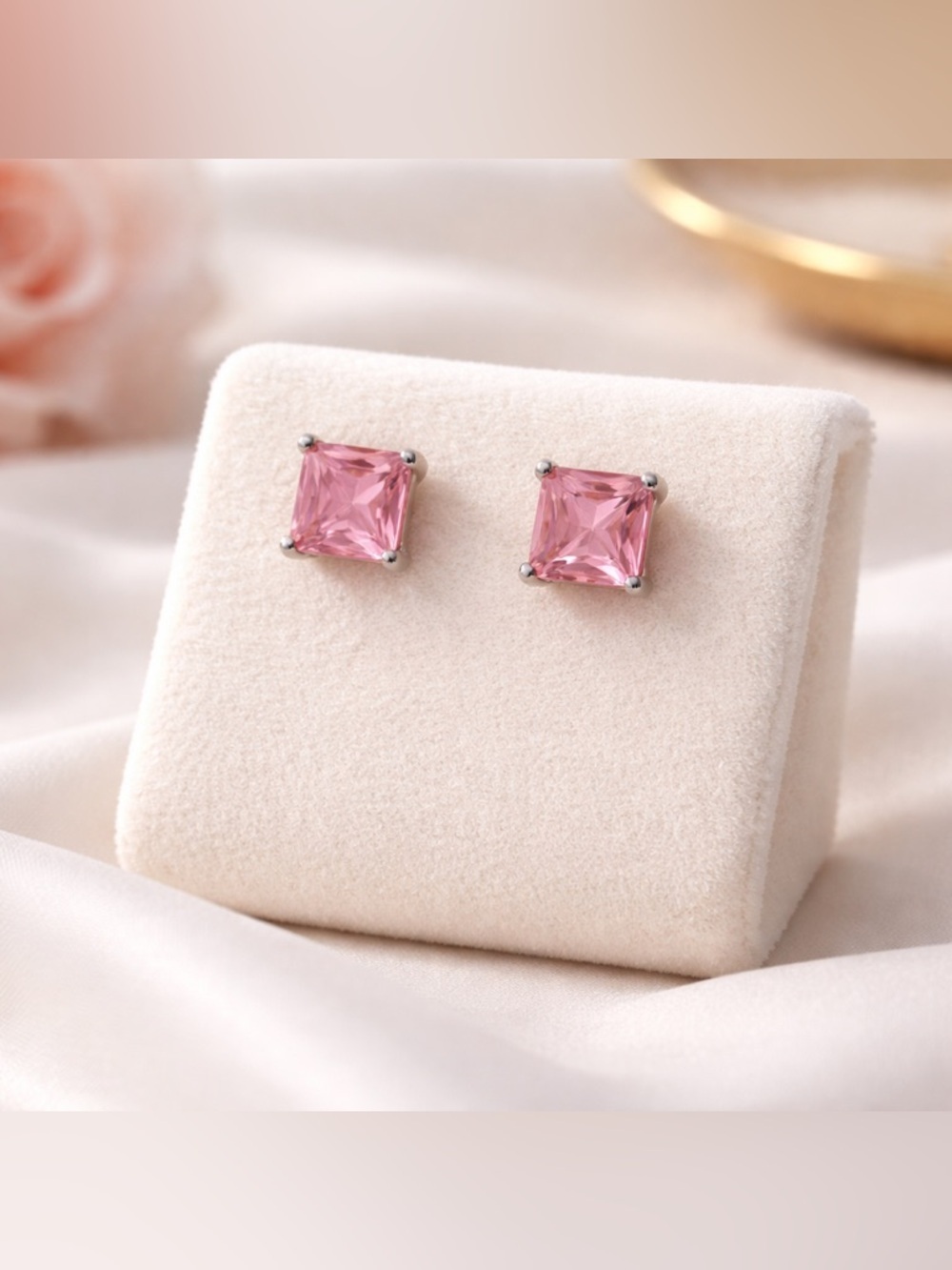 Pink Topaz Princess Cut Stud Earrings 5mm | Silver Square Minimalist Jewelry